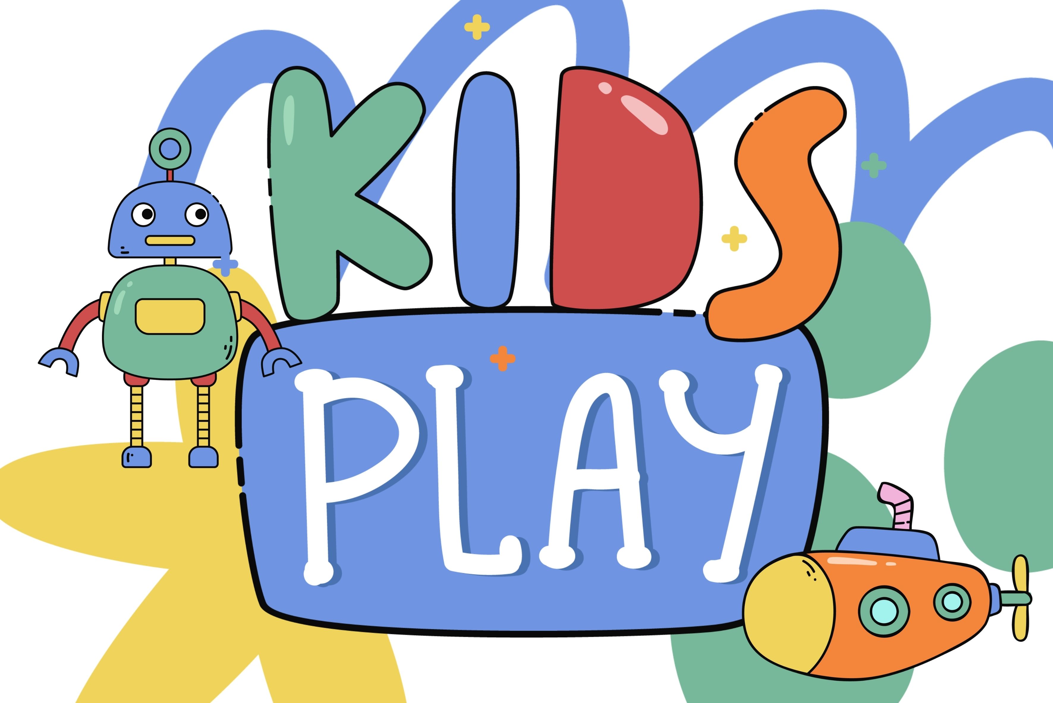 the words "kids play" with multicolored squiggles and toys