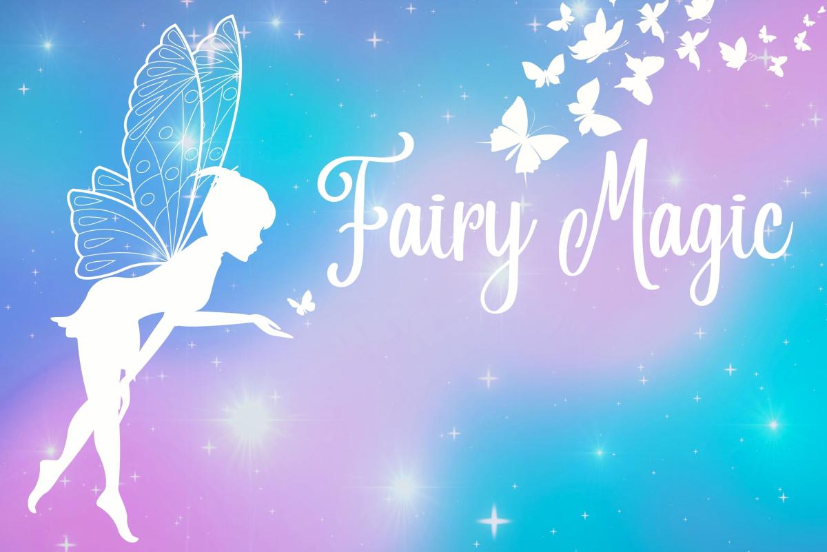 White fairy silhouette in front of a blue and purple background